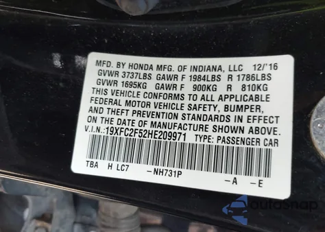 2017 Honda Civic Lx z USA, uszkodzony, nr VIN 19XFC2F52HE209971